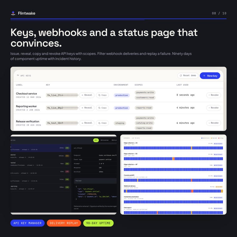 Pu&ograve; includere: Un dashboard di interfaccia software chiamato Flintwake che mostra chiavi API, webhook e una pagina di stato. Il layout include una tabella per la gestione delle chiavi, un registro eventi a tema scuro con payload JSON e una timeline.