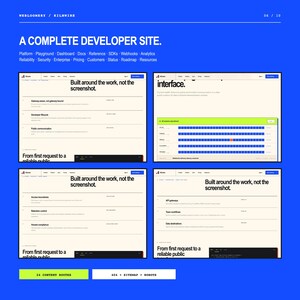 May include: A blue digital presentation slide titled A COMPLETE DEVELOPER SITE featuring four screenshots of a web interface. The text includes navigation menus, headings like Built around the work, and technical labels such as API gateways.