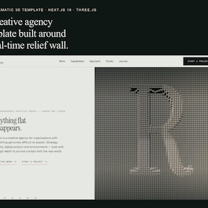 May include: A website interface for a creative agency named Rilevo, featuring a dark background with white text. The page displays the heading 'Anything flat disappears' and a large, 3D-rendered letter R composed of a grid of small square pixels.