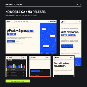 May include: A digital interface design presentation for Kilnwire featuring multiple screen layouts, including desktop and mobile views. The design uses a cream background with bold black text, blue accents, and grid elements. Text includes "NO MOBILE QA = NO RELEASE" and "APIs developers come back to."