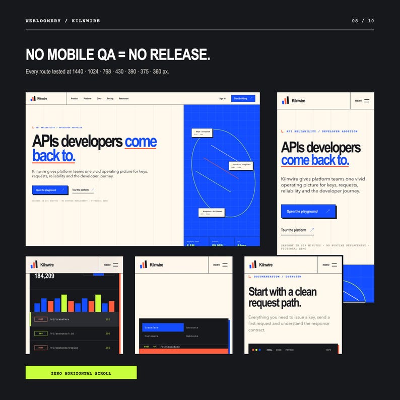 May include: A digital interface design presentation for Kilnwire featuring multiple screen layouts, including desktop and mobile views. The design uses a cream background with bold black text, blue accents, and grid elements. Text includes "NO MOBILE QA = NO RELEASE" and "APIs developers come back to."