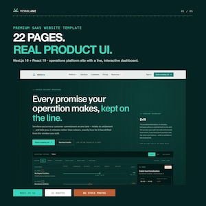 May include: A dark green premium SaaS website template featuring 22 pages and real product UI. The design includes Next.js 16 and React 19, showcasing an operations platform site with a live interactive dashboard and text reading Verolane.