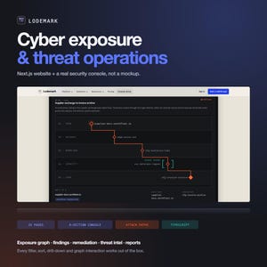 Puede incluir: Una interfaz digital para Lodemark que muestra la exposición cibernética y las operaciones de amenazas. La pantalla presenta una consola de seguridad con tema oscuro y un diagrama de flujo que mapea el intercambio de proveedores.