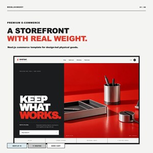 Puede incluir: Una interfaz digital que muestra un sitio web para Rivetday con el texto "KEEP WHAT WORKS." La pantalla muestra una superficie roja con un portalápices metálico, una bandeja rectangular y un objeto circular en un diseño moderno.