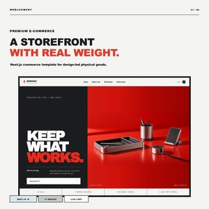 Könnte beinhalten: Eine digitale Benutzeroberfläche mit dem Text "A STOREFRONT WITH REAL WEIGHT" und "KEEP WHAT WORKS" sowie einem Produktfoto eines Schreibtisch-Organizer-Sets aus Metall, bestehend aus einer Ablage, einem Stiftehalter und einem Ständer auf roter Fläche.