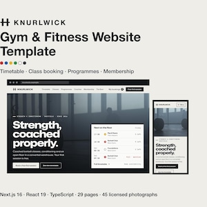 May include: A digital website template for a gym and fitness business titled Knurlwick. The design features a dark, modern layout with a timetable, class booking, and membership sections, displayed on both desktop and mobile screen mockups.