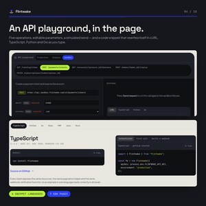 Pu&ograve; includere: Un'interfaccia software a tema scuro che mostra un ambiente di test API con campi di richiesta interattivi, parametri modificabili e frammenti di codice. Il layout include schede di navigazione e un esempio di integrazione TypeScript.