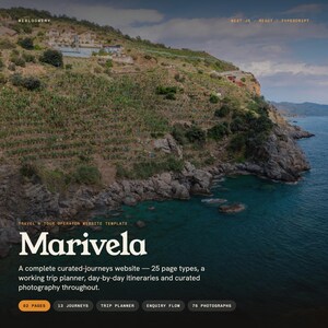May include: A digital website template titled Marivela featuring a coastal landscape background. The text includes Webloomery, Next.js, React, Typescript, Travel & Tour Operator Website Template, and details about 82 pages, 13 journeys, a trip planner, and 76 photographs.