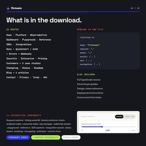 May include: A dark-themed digital product overview titled What is in the download. It lists 26 routes including Home, Platform, and Dashboard, a code snippet for lib/brand.ts, 16 interactive components, and a bill estimator slider showing 10M.