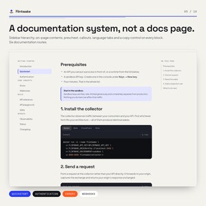 Pu&ograve; includere: Un'interfaccia digitale per un sistema di documentazione intitolato Flintwake. La pagina mostra una navigazione laterale, un'area di contenuto principale con una sezione Prerequisiti, blocchi di codice per Docker e un menu.