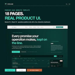 Pode incluir: Uma apresentação de produto digital para um modelo de site SaaS premium chamado Verolane. A interface verde-escura inclui 18 páginas, Next.js 16 e React 19. Exibe um painel com o título Every promise your operation makes, kept on the line, juntamente com detalhes técnicos e menus de navegação.