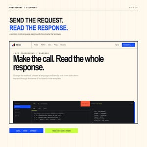 May include: A digital interface template titled Kilnwire featuring an API playground. The layout displays text reading Send the request. Read the response. and Make the call. Read the whole response. It includes a code snippet window with a dark background, blue accents, and a JSON response block showing transfer details.