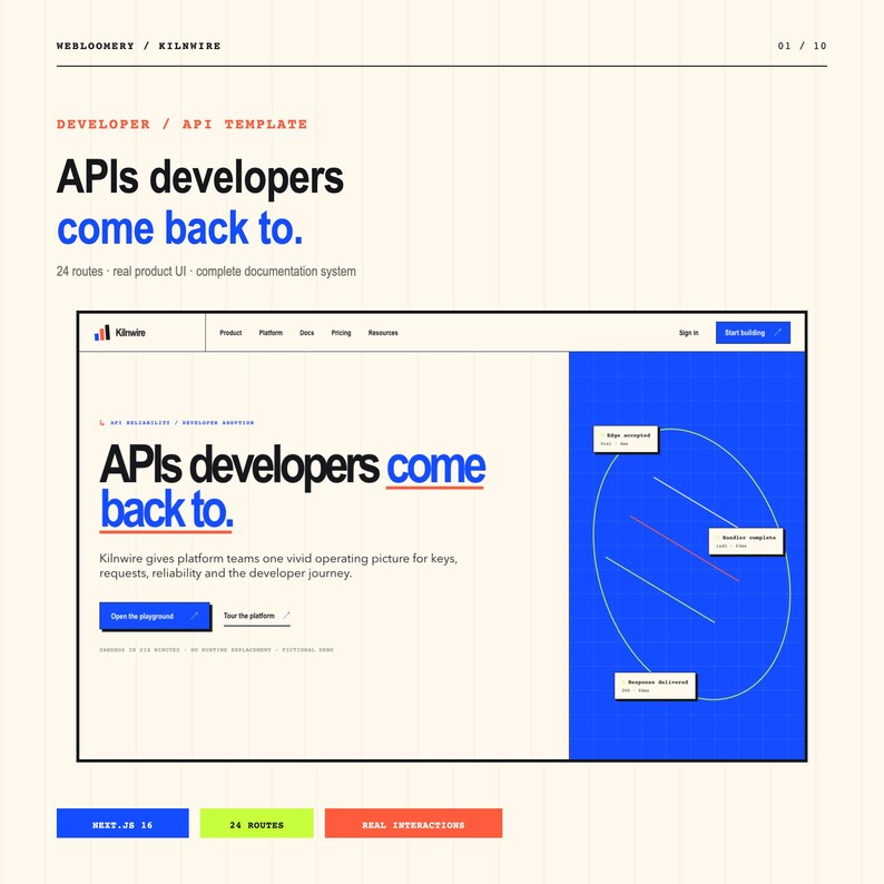 May include: A digital interface design template titled Kilnwire featuring the text APIs developers come back to. The layout includes a navigation bar, a hero section with blue and black text, and a blue grid graphic with callout boxes.