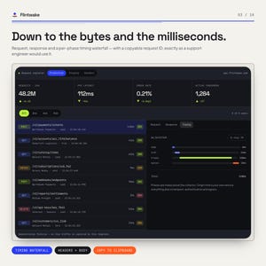 Pu&ograve; includere: Un'interfaccia dashboard software intitolata Flintwake che mostra metriche di richiesta, latenza e tassi di errore. L'interfaccia scura presenta un elenco di esplorazione delle richieste con metodi HTTP, codici di stato e un grafico a cascata.