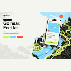 May include: A digital interface design featuring the text Go near. Feel far. and Rovelet. A smartphone displays a navigation app with a map of a canal, a route path, and the text Canal afterglow. The background shows a stylized landscape illustration.