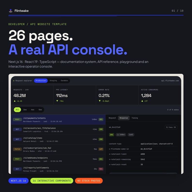 Pu&ograve; includere: Un modello di sito web API per sviluppatori chiamato Flintwake, con 26 pagine e una console interattiva. L'interfaccia mostra metriche come richieste, latenza, tassi di errore e consumatori attivi, insieme a un elenco di endpoint API.