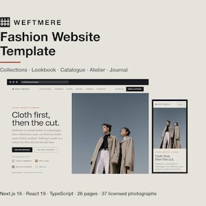 May include: A digital fashion website template titled Weftmere featuring a desktop and mobile layout. The design includes a hero section with the text Cloth first, then the cut, navigation menus, and imagery of two individuals in beige coats.