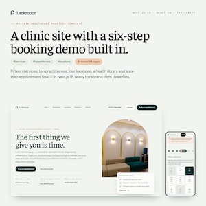 Peut inclure: Un modèle d'interface numérique pour un cabinet médical privé nommé Larkmoor, présentant une démonstration de réservation en six étapes, des services, des profils de praticiens et des lieux, affiché sur des écrans d'ordinateur et mobile.