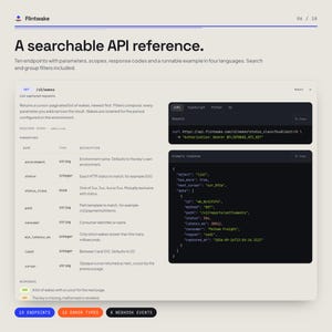 Pu&ograve; includere: Un'interfaccia digitale che mostra un riferimento API ricercabile per Flintwake. Lo schermo presenta un elenco di parametri, un blocco di richiesta cURL e una risposta JSON. Il testo include 'A searchable API reference' e 'v2/wakes'.