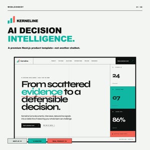 May include: A digital interface design for Kerneline AI Decision Intelligence, featuring a white background with black text, teal accents, and a navigation bar. The layout displays data metrics, a decision room button, and the text From scattered evidence to a defensible decision.