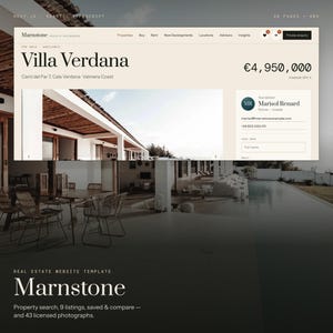 Puede incluir: Una plantilla de sitio web inmobiliario llamada Marnstone, que muestra un listado de propiedad para Villa Verdana por 4.950.000 euros. La interfaz presenta menús de navegación, una imagen de la propiedad, datos de contacto y un formulario.