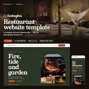 May include: A digital display of the Emberfen restaurant website template featuring a dark green layout with the text Fire, tide and garden. The design includes a chef cooking over an open fire, a reservation button, and a mobile view preview.