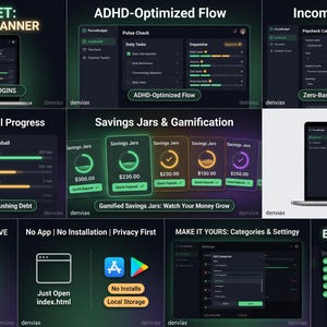 May include: A digital financial planner interface titled FocusBudget: Ultimate ADHD Planner, featuring dark mode dashboards, expense trackers, bill calendars, debt snowball progress, and gamified savings jars displayed on laptop and mobile screens.