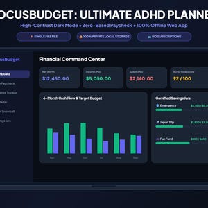 以下が含まれることがあります： ダークテーマのデジタル財務プランナーインターフェース「FOCUSBUDGET: ULTIMATE ADHD PLANNER」。ダッシュボードには、純資産、収入、支出、ADHDフロースコア、6ヶ月のキャッシュフロー棒グラフを表示する財務コマンドセンターが配置されています。