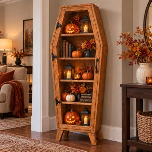May include: A tall, coffin-shaped wooden display cabinet with a hinged door, black metal hardware, and four interior shelves. The shelves are decorated with carved jack-o'-lanterns, small pumpkins, black lanterns with candles, and autumn floral arrangements.