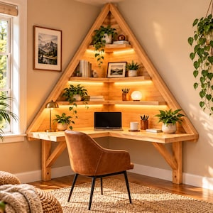 May include: A triangular wooden corner desk unit with integrated shelving and warm LED lighting. The desk features a light wood finish, a laptop, various potted plants, books, and a brown leather chair with black metal legs positioned in front.