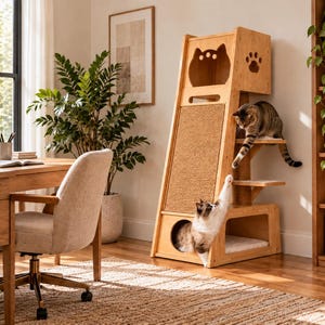 Könnte beinhalten: Ein hoher Katzenkletterbaum aus hellem Holz mit einer großen Sisal-Kratzfläche, einer oberen geschlossenen Höhle mit Katzen- und Pfoten-Ausschnitten sowie mehreren Ebenen. Zwei Katzen interagieren mit der Struktur in einem hellen Raum.