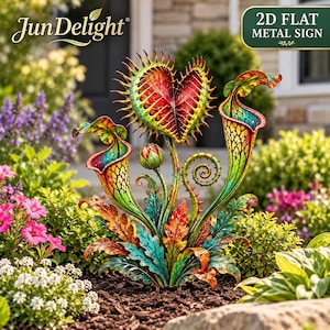 May include: A 2D flat metal sign featuring a vibrant, multi-coloured illustration of a Venus flytrap and pitcher plants. The artwork displays a gradient of red, orange, yellow, and teal hues with intricate leaf and thorn details on a dark base.