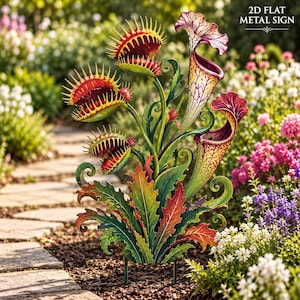 May include: A 2D flat metal sign featuring a colourful illustration of carnivorous plants, including three red and green Venus flytraps and two tall, trumpet-shaped pitcher plants with intricate veining, set against a backdrop of garden foliage.