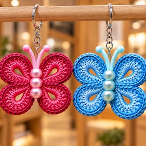 May include: Two butterfly keychains made of crocheted yarn. One is deep pink with pink beads and antennae, the other is bright blue with light blue beads and antennae. Each features a silver metal split ring attached to the top of the butterfly.