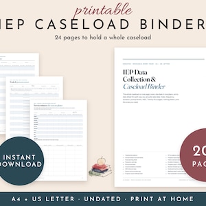 May include: A printable IEP Caseload Binder with 24 pages for data collection. The document includes sheets for trials, service minutes, and progress monitoring. Text includes "IEP CASELOAD BINDER", "INSTANT DOWNLOAD", and "20+ PAGES" in a clean layout.