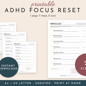 May include: A printable ADHD focus reset document featuring seven steps to regain focus. The white page includes black text, checkboxes for each step, and a section for notes. The document is available in two sizes, A4 and US Letter, for home printing.