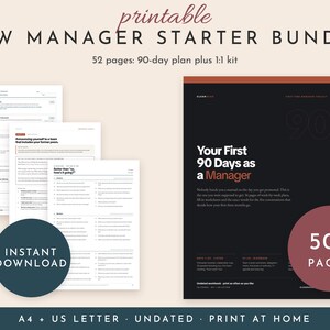 Puede incluir: Un paquete de inicio para nuevos gerentes imprimible con 52 páginas, un plan de 90 días y un kit 1:1. El conjunto incluye hojas de trabajo blancas con texto negro y una portada oscura titulada Your First 90 Days as a Manager. Formato A4 y carta.