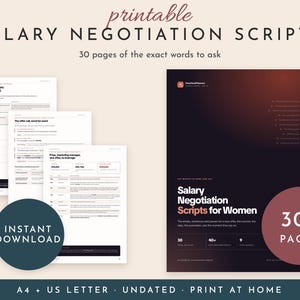 May include: A set of printable salary negotiation scripts featuring 30 pages of text. The documents include forms with fields for numbers, offer call scripts, and salary data. The cover page is dark brown with white text reading Salary Negotiation Scripts for Women.