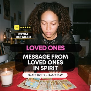 May include: A person with curly hair wearing a black top sits behind a red surface with tarot cards spread out. Text overlays read 5.0 stars, EXTRA DETAILED, LOVED ONES, MESSAGE FROM LOVED ONES IN SPIRIT, and SAME HOUR - SAME DAY.