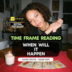 May include: A person with curly brown hair wearing a black sweater, positioned behind a red surface with a row of tarot cards and a lit white candle. Text overlays read: 5.0, EXTRA DETAILED, TIME FRAME READING, WHEN WILL IT HAPPEN, SAME HOUR - SAME DAY.