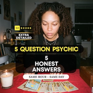 May include: A psychic reading service advertisement featuring a person with curly hair behind a red table with tarot cards and a lit candle. Text overlays include 5.0 stars, EXTRA DETAILED, 5 QUESTION PSYCHIC, 5 HONEST ANSWERS, and SAME HOUR - SAME DAY.
