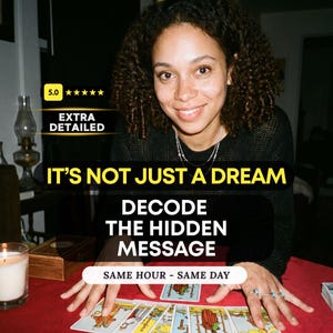 May include: A person with curly hair wearing a black sweater, positioned behind a red surface with tarot cards. Text overlays read: 5.0, EXTRA DETAILED, IT'S NOT JUST A DREAM, DECODE THE HIDDEN MESSAGE, and SAME HOUR - SAME DAY. Several rings are on fingers.