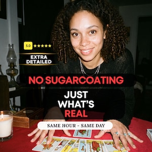 May include: A person with curly dark hair wearing a black jumper, positioned behind a red surface with tarot cards. Text overlays include 5.0 stars, EXTRA DETAILED, NO SUGARCOATING, JUST WHAT'S REAL, and SAME HOUR - SAME DAY. Rings are on fingers.