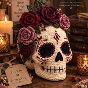 Puede incluir: Una decoración de calavera tejida a ganchillo en hilo color crema con cuencas oculares negras y una boca cosida. Está adornada con una corona de rosas tejidas en rojo oscuro y rosa polvoriento con hojas verdes. Una etiqueta de papel marrón dice Etsy Shop YarnimalCraft.