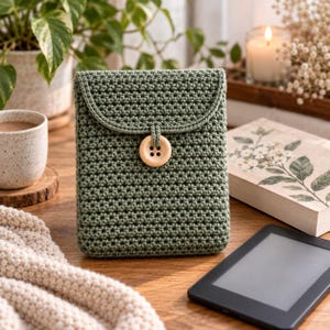 Puede incluir: Una funda de ganchillo color verde salvia para dispositivo electrónico, de forma rectangular con solapa redondeada asegurada por un botón de madera claro con cuatro agujeros en el centro, con un patrón de punto denso y texturizado.