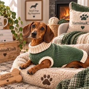 Könnte beinhalten: Ein brauner Dackel trägt einen dunkelgrünen Strickpullover mit cremefarbenem Rippstrick-Rollkragen, Ärmelausschnitten und Saum. Der Hund liegt auf einem flauschigen, cremefarbenen Haustierbett mit einem dunkelbraunen Pfotenabdruck-Motiv.