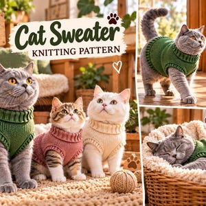 Op de afbeelding: Een breipatroon voor een kattentrui getiteld Yarnimal Craft Cat Sweater Knitting Pattern. De afbeelding toont katten in groene, roze en crèmekleurige gebreide truien met ribboorden. Tekst vermeldt 11 pagina's, instructies en maten XS-XL.