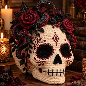 Puede incluir: Un patrón de ganchillo titulado GOTHIC SNAKE SKULL que presenta una calavera de color crema con cuencas oculares y nariz negras, adornada con una serpiente negra y rosas de ganchillo de color rojo oscuro y negro. El texto incluye DETAILED INSTRUCTIONS, CLEAR PHOTOS, INTERMEDIATE LEVEL y Yarnimal Craft.