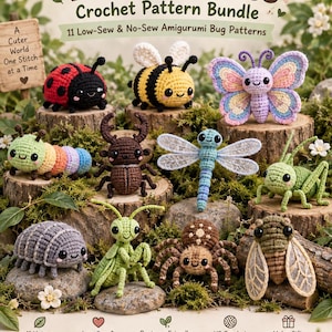 May include: A digital pattern bundle titled 11 in 1 Tiny Buglings Crochet Pattern Bundle featuring 11 low-sew and no-sew amigurumi bug designs including a ladybug, bee, butterfly, caterpillar, beetle, dragonfly, grasshopper, isopod, mantis, spider, and cicada.