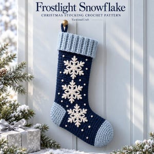 Frostlight Snowflake Christmas Stocking Crochet Pattern, Navy Blue Holiday Decor, Digital Download